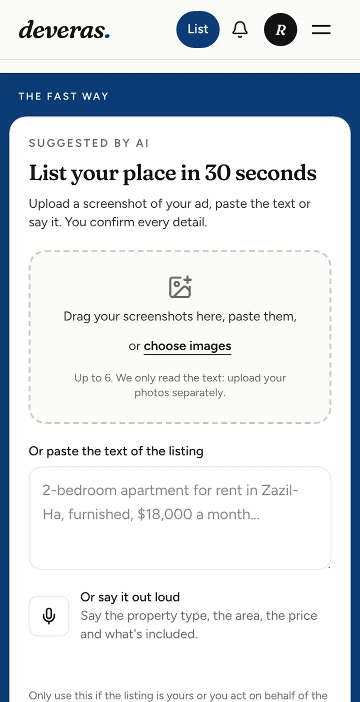 Listing on Deveras: upload screenshots, paste the text or dictate the ad
