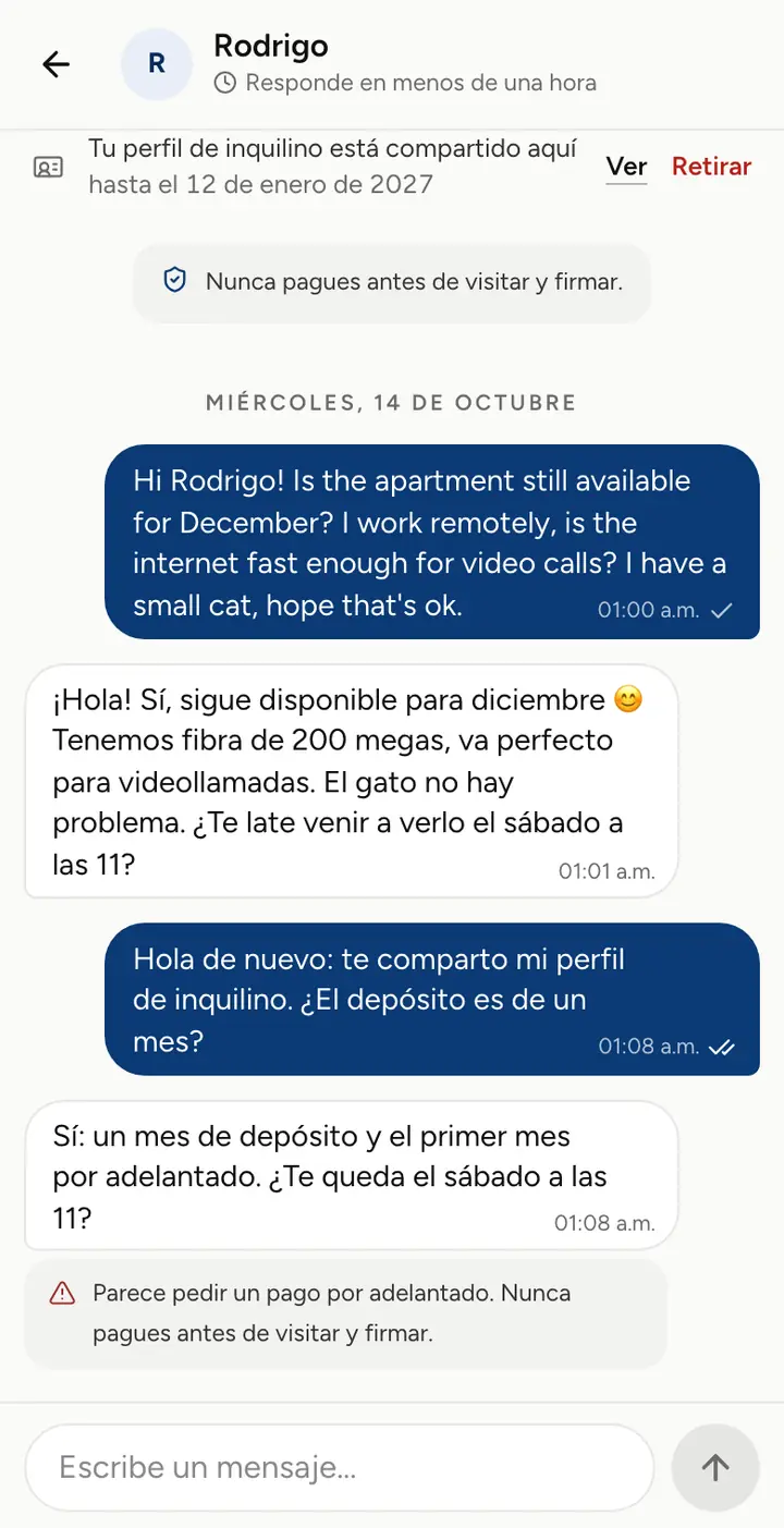 Un chat en Deveras con el perfil de inquilino compartido y un aviso de pago por adelantado