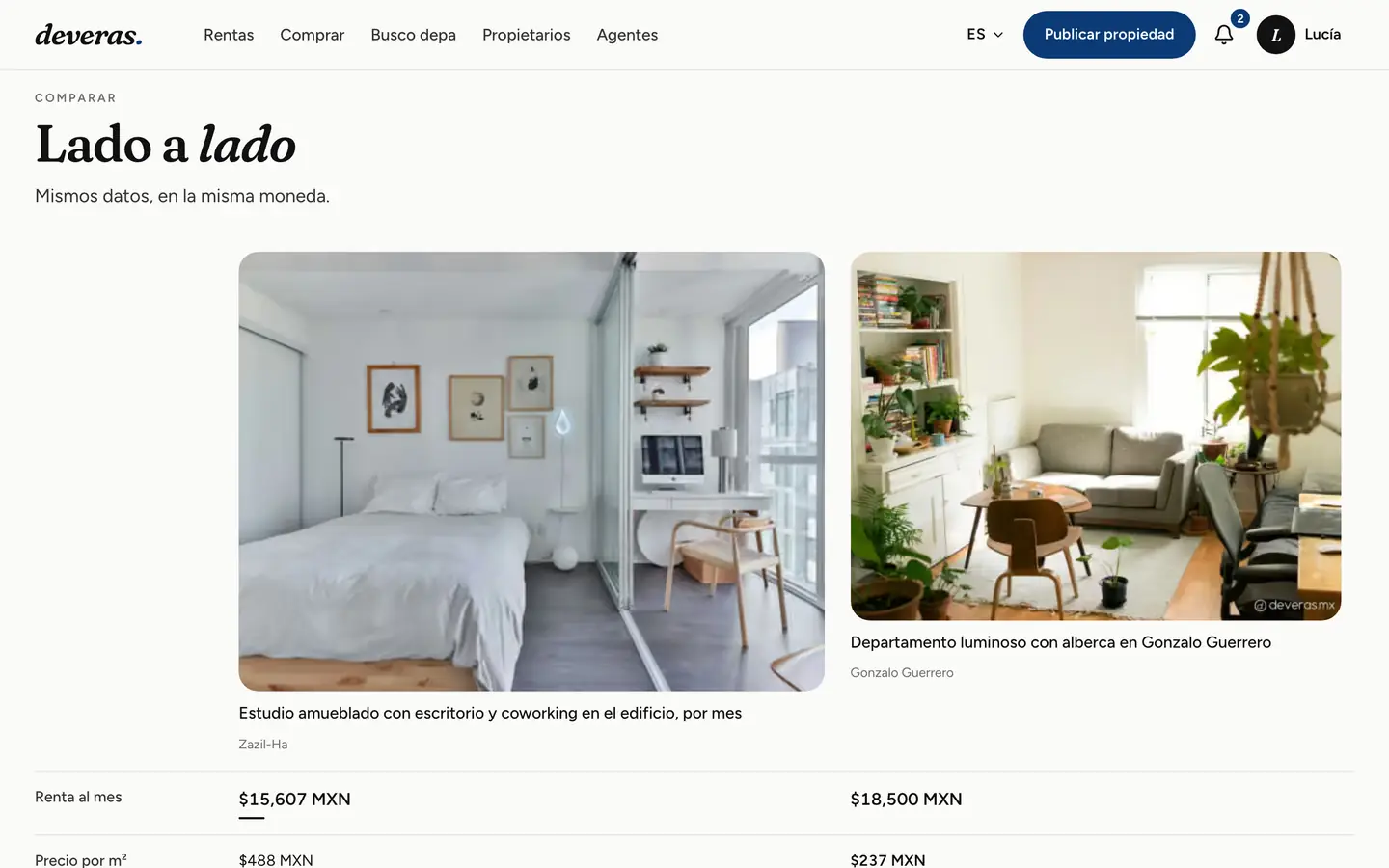 Dos departamentos comparados lado a lado: renta y precio por m²