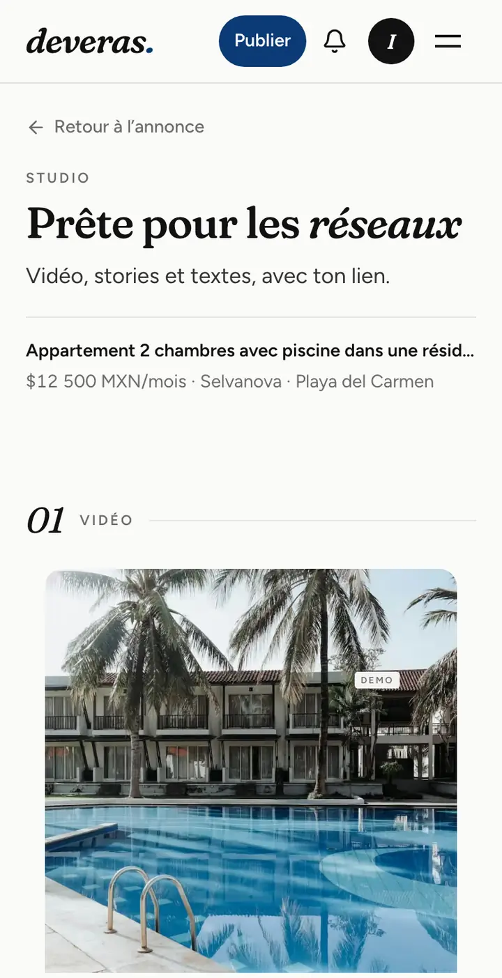 Le studio de Deveras sur téléphone : vidéo, stories et textes d’une annonce
