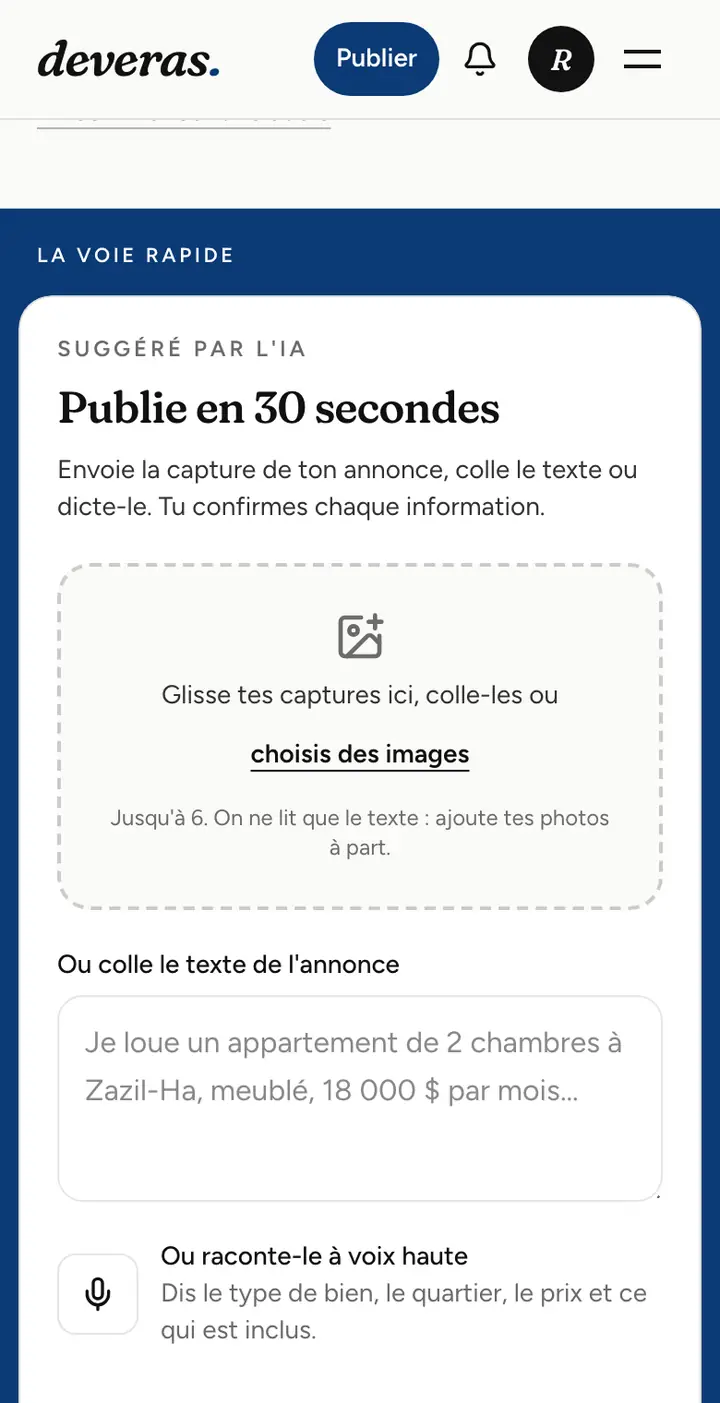 Publier sur Deveras : envoie des captures, colle le texte ou dicte l’annonce