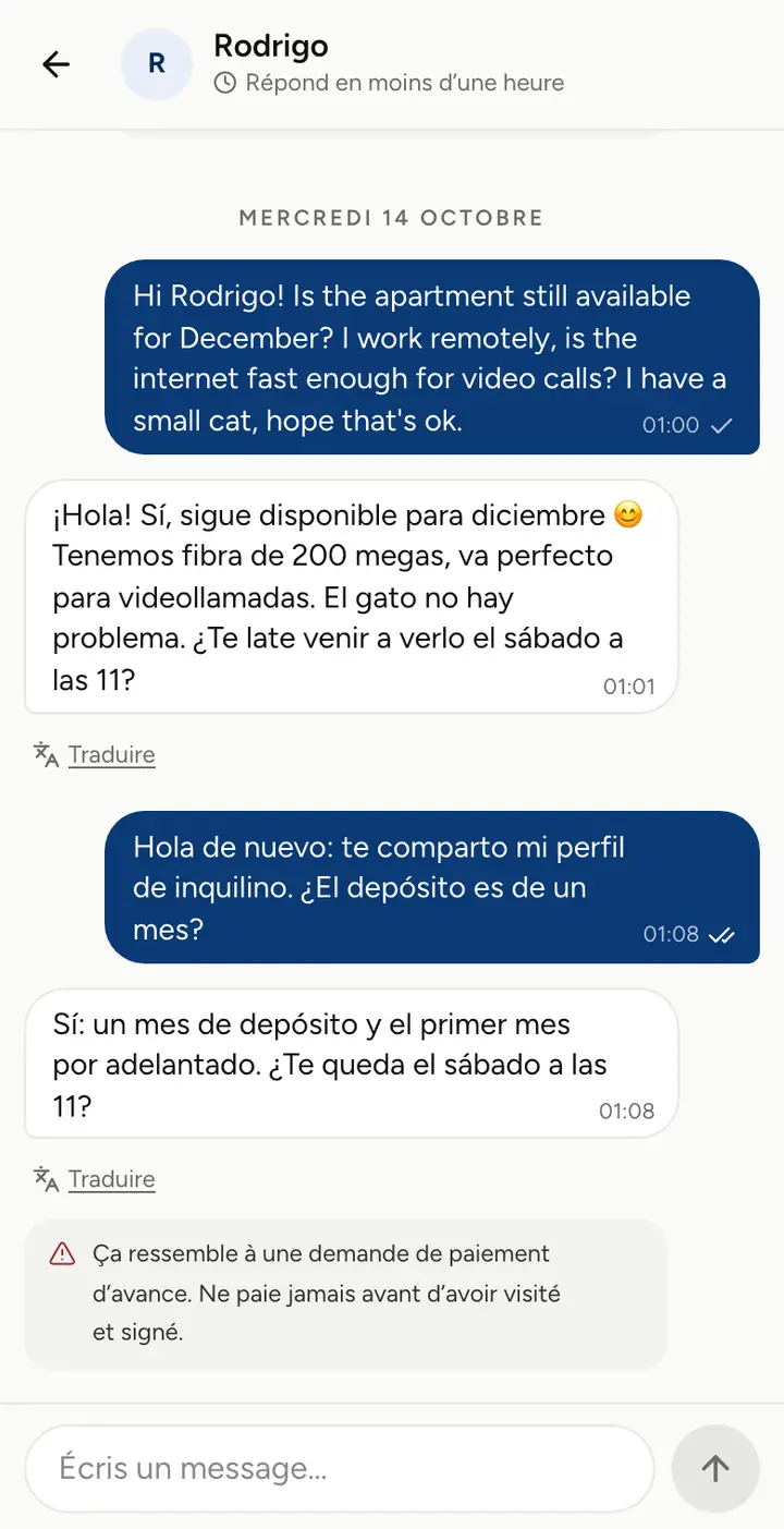 Une discussion sur Deveras avec le profil de locataire partagé et une alerte de paiement d’avance