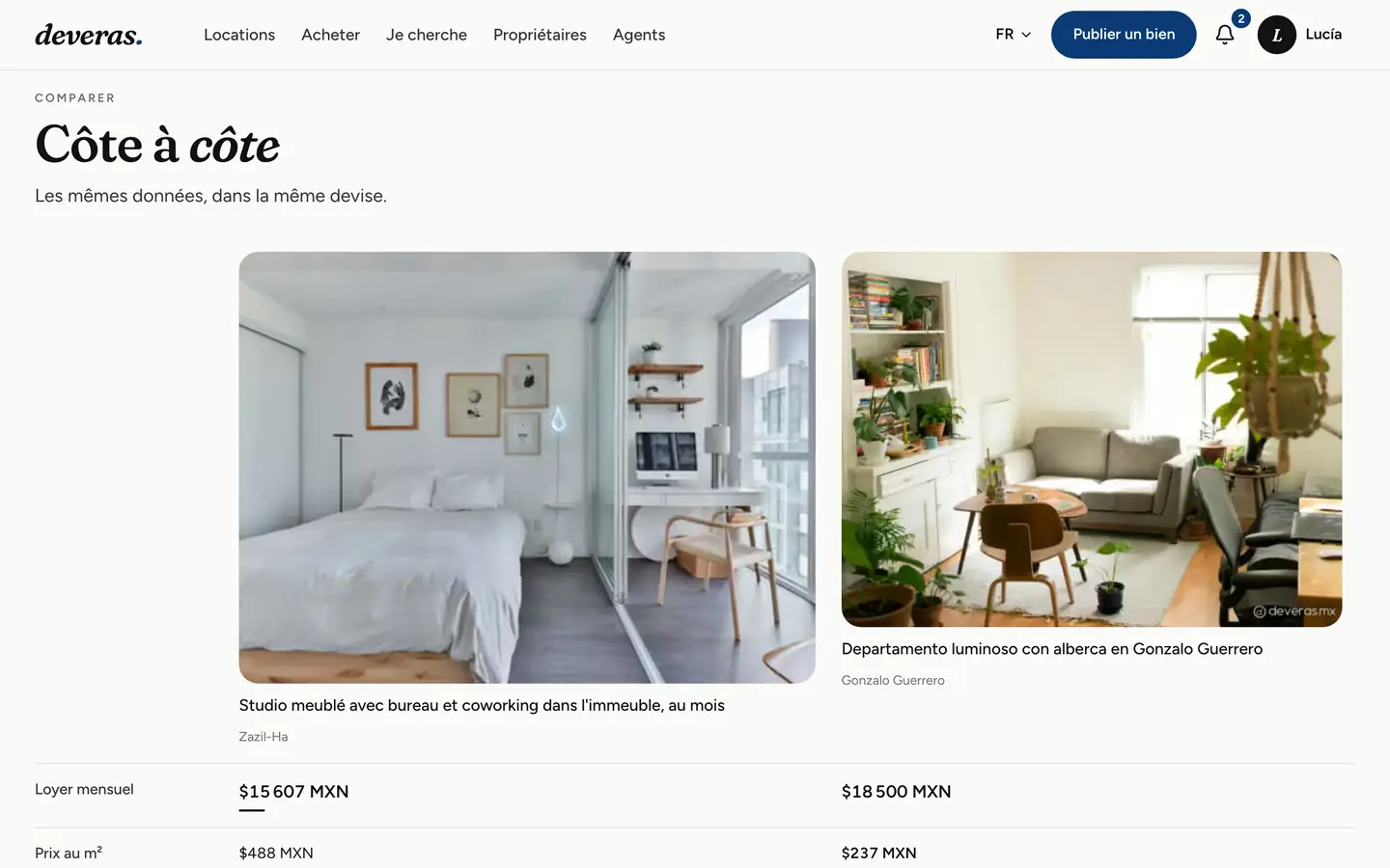 Deux appartements comparés côte à côte : loyer et prix au m²