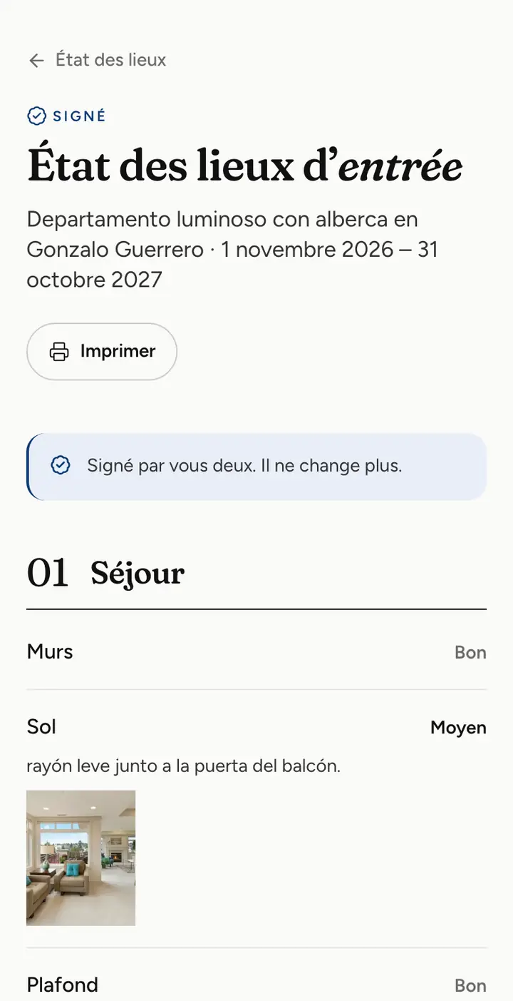 État des lieux d’entrée signé par les deux parties, avec la photo d’un détail du sol