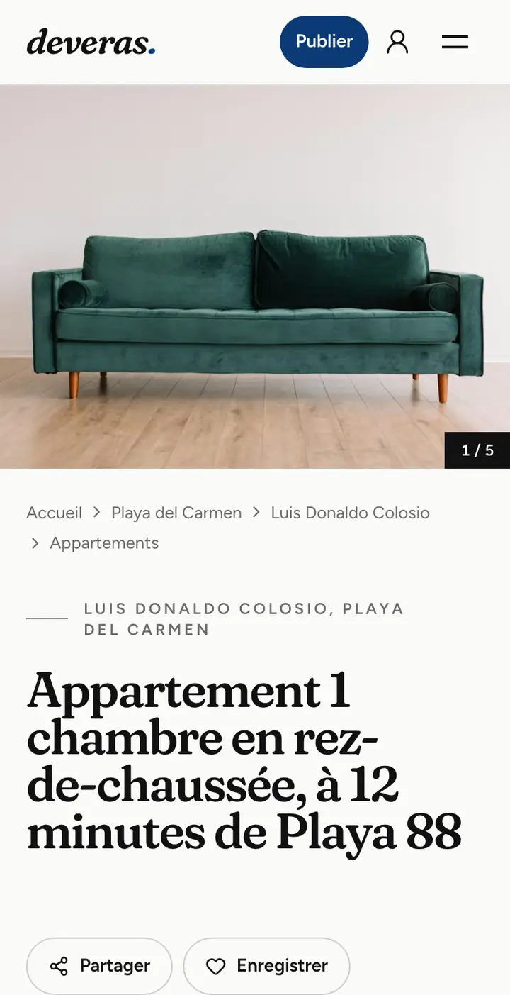 Une annonce sur Deveras vue sur téléphone : photo, quartier et titre